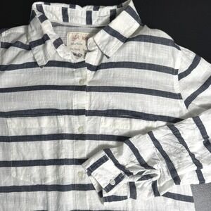 Girl Krazy Womens Medium Boyfriend Cotton Gauze Striped Button Down Shirt Navy